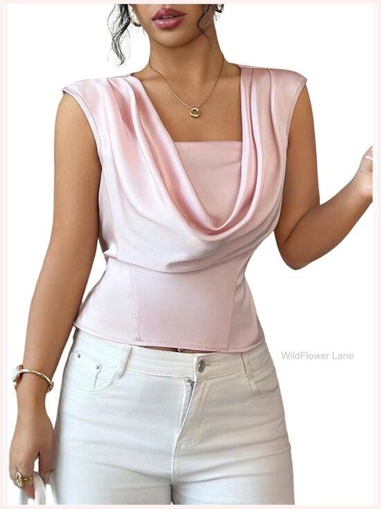 Tops - Satin Draped Cowl Neck Sleeveless Blouse Dressy Top